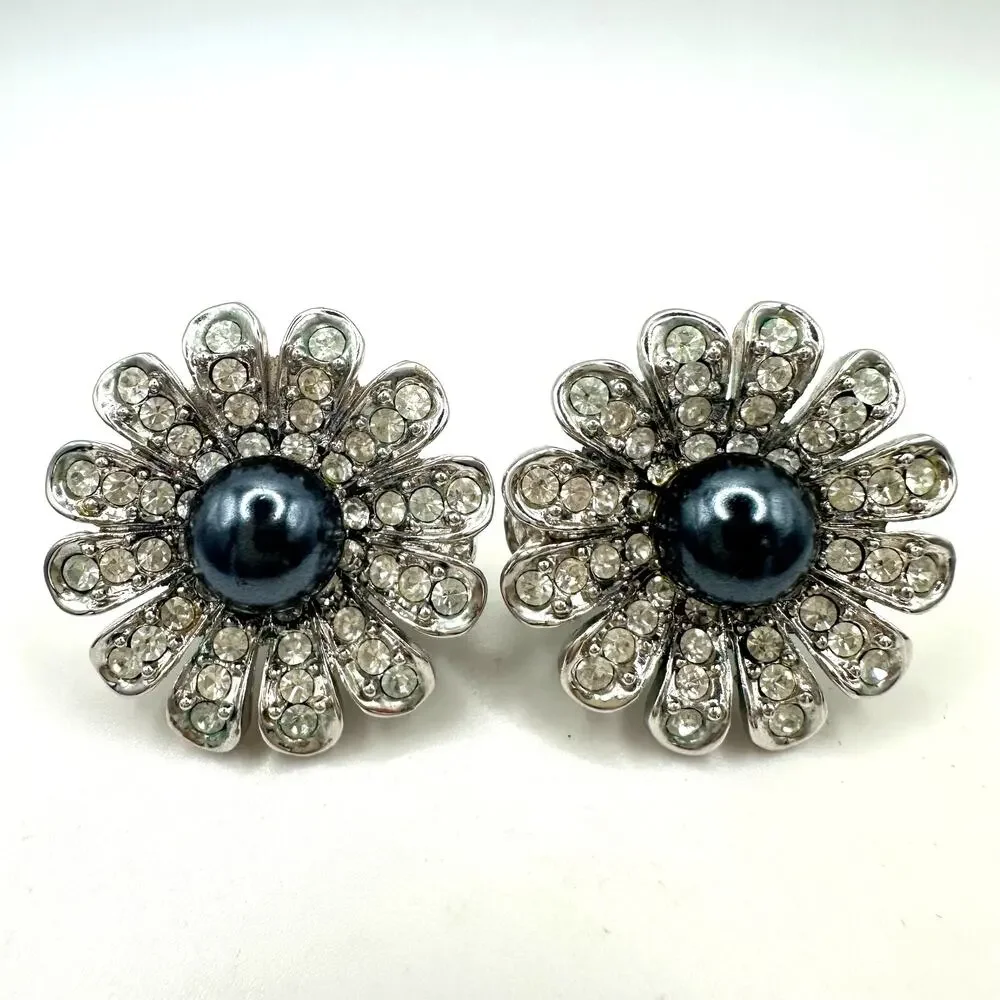 St. John vintage silver tone rhinestones faux black pearl clip on earrings